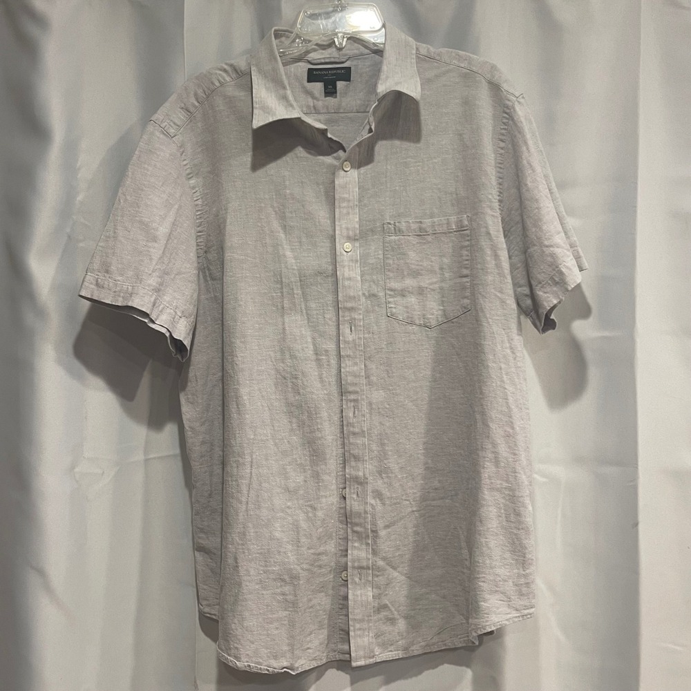 Banana Republic Mens XL Linen Blend Short Sleeve Button Down Shirt Gray Heather